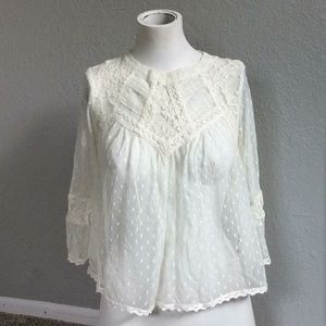 Free People Ivory Sheer Lace Swiss Dot Top Boho